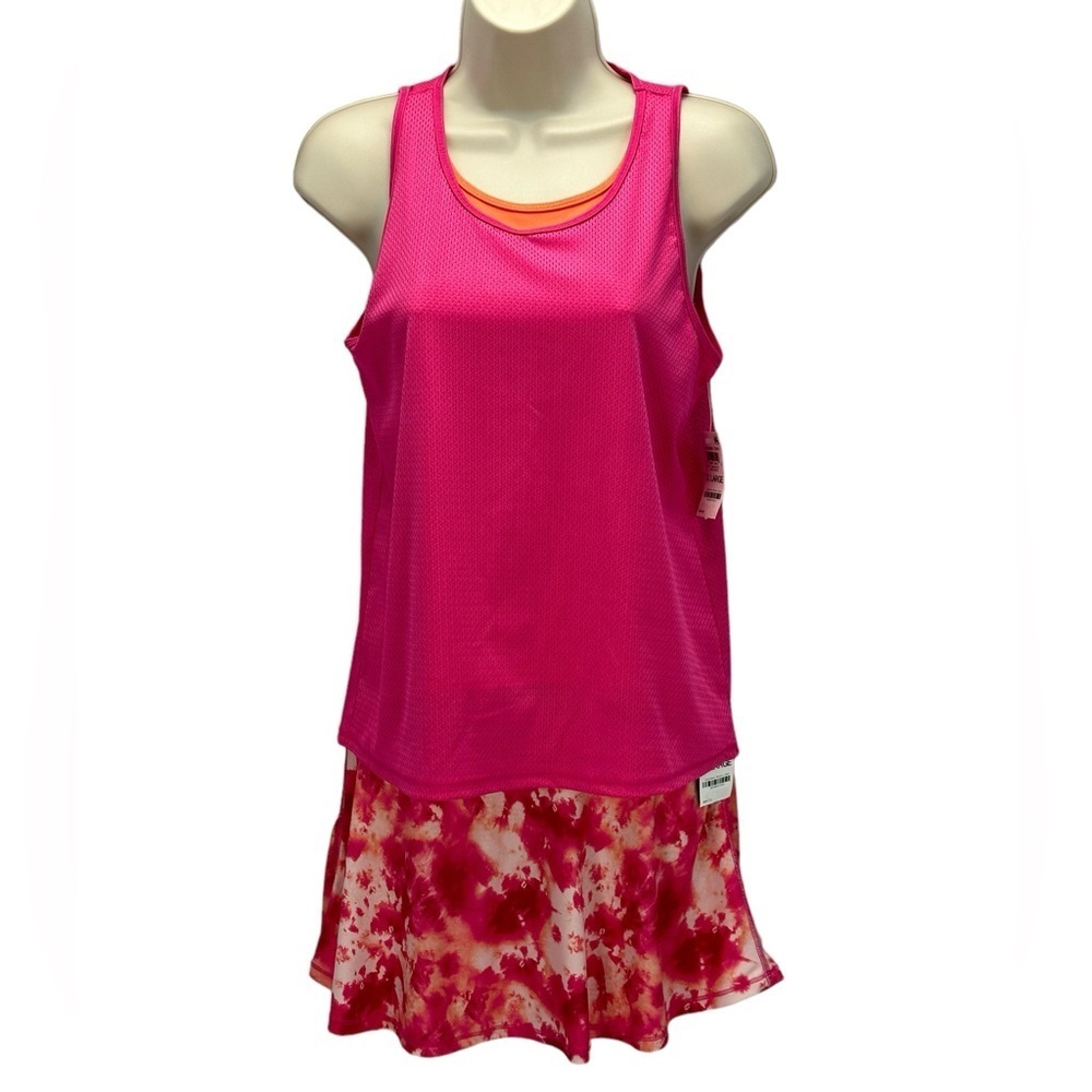 Ideology Girls Workout Layered Mesh Tank Top & Skort Set - Pink Orange - size XL